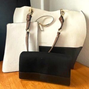 Calvin Kline Black/White Tote, Wallet and All Purpose Bag Set